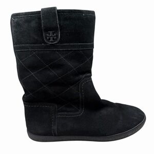 Tory Burch Logo Alana $325 Black Quilted Suede Flats Warm Boots Women's Sz 7